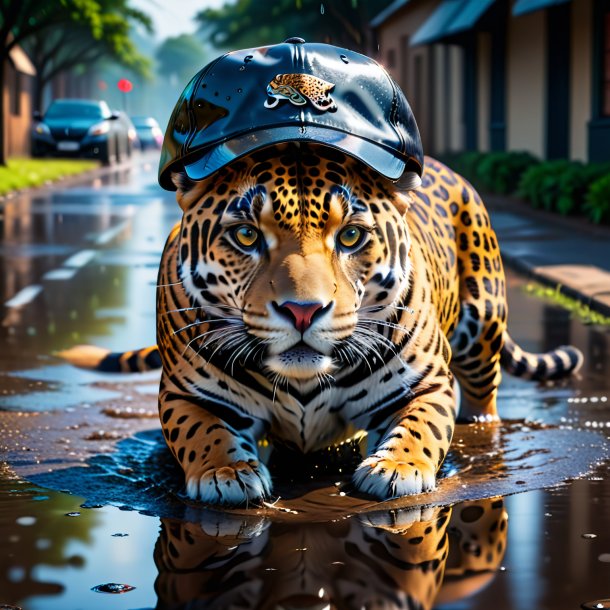 Photo of a jaguar in a cap in the puddle