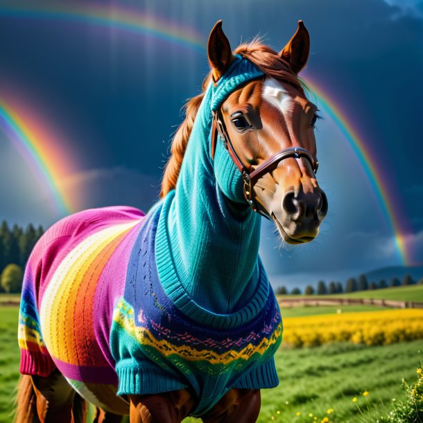 Imagem de um cavalo em um suéter no arco-íris