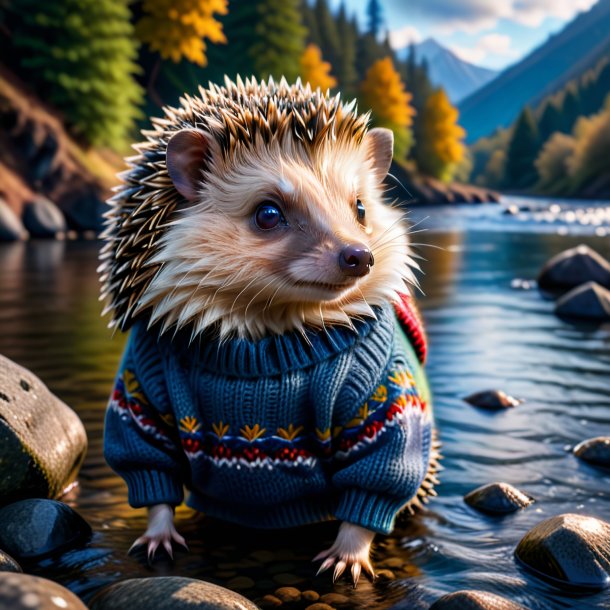 Photo of a hedgehog in a sweater in the river