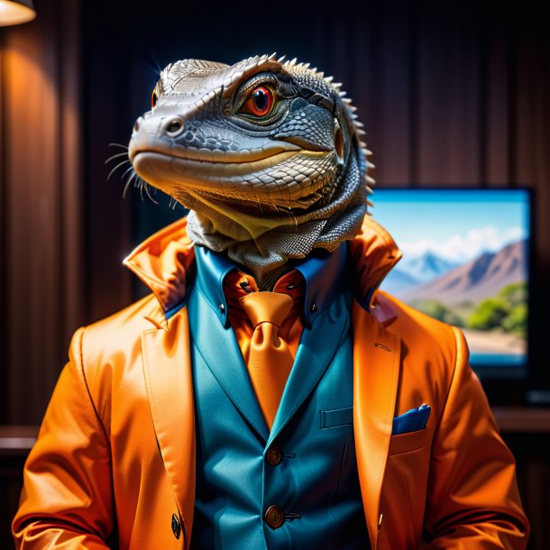 Picture of a monitor lizard in a orange jacket