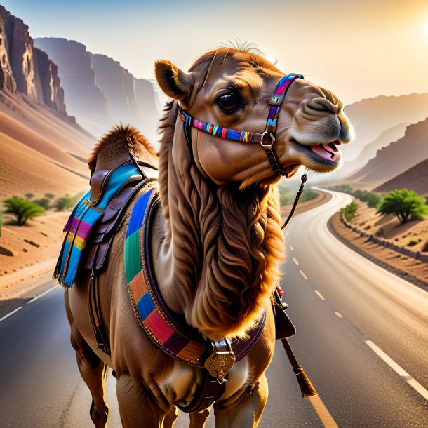 Image of a camel in a belt on the road