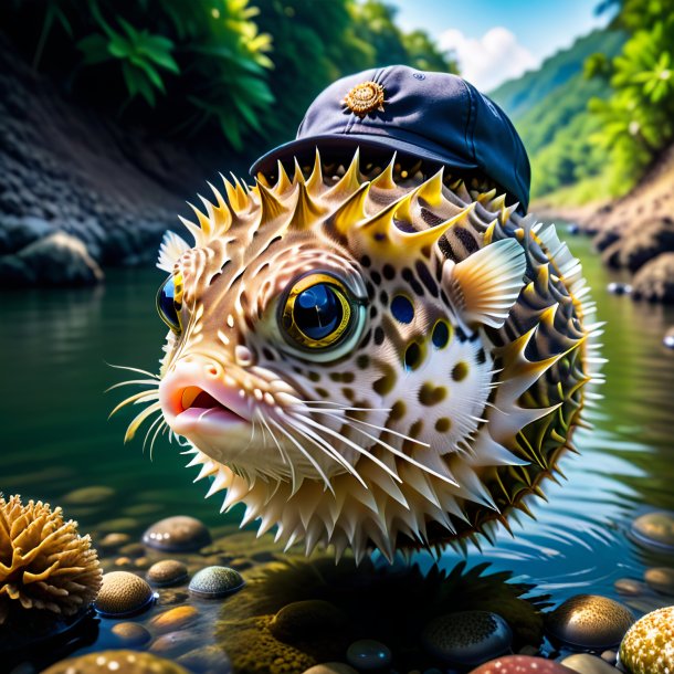 Photo of a pufferfish in a cap in the river