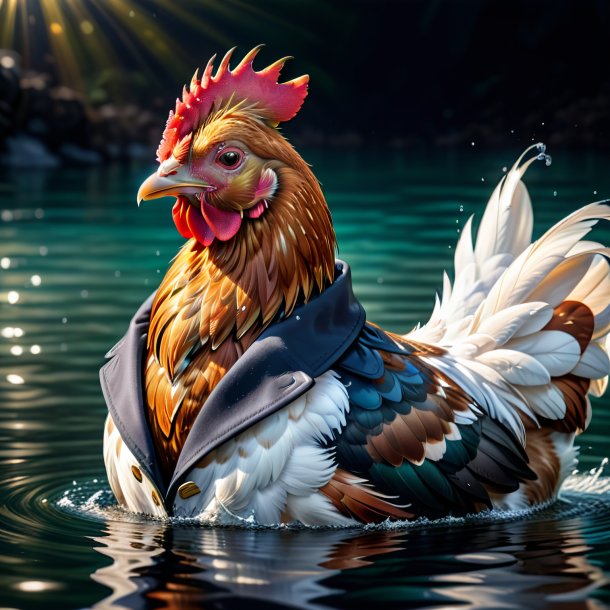 Ilustración de una gallina en un abrigo en el agua