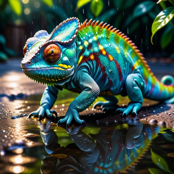 Photo of a threatening of a chameleon in the puddle