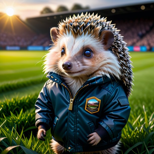 Image of a hedgehog in a jacket on the field