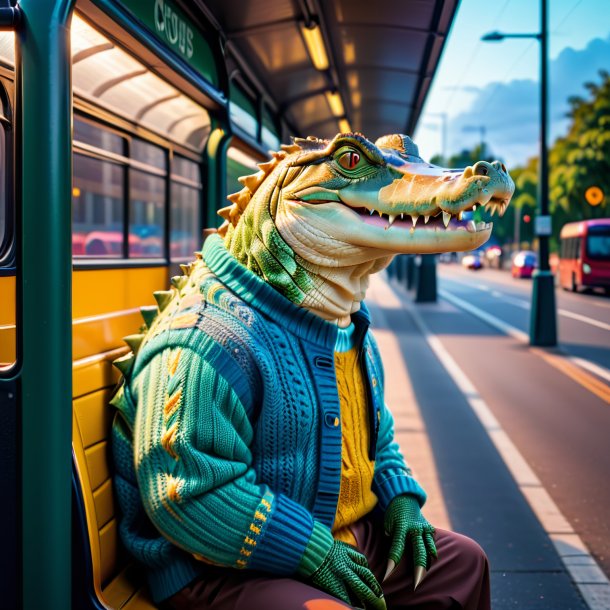 Foto de um crocodilo em um suéter no ponto de ônibus