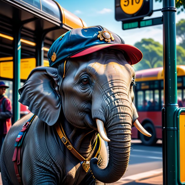 Photo of a elephant in a cap on the bus stop