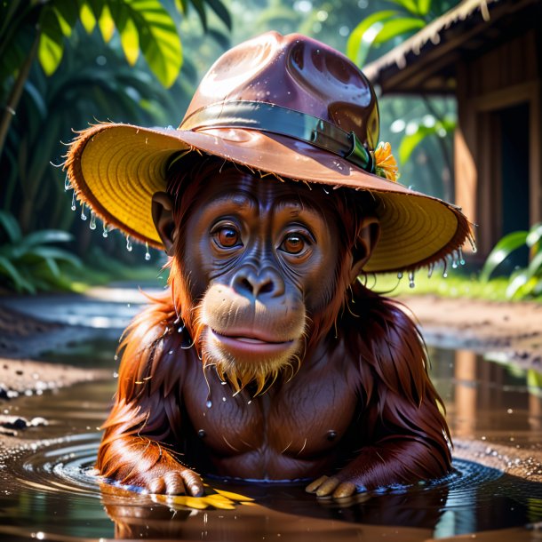 Image of a orangutan in a hat in the puddle