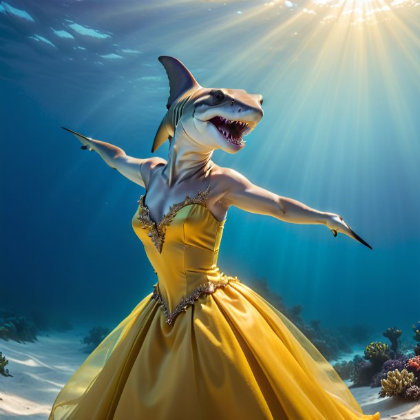 Photo of a hammerhead shark in a yellow dress
