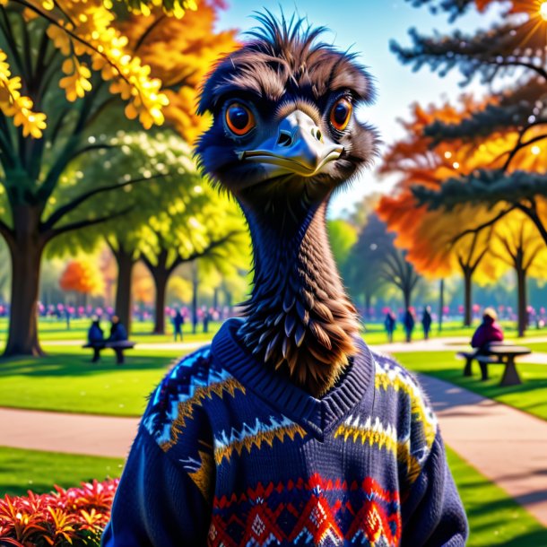 Imagen de un emu en un suéter en el parque