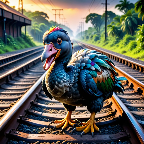 Pic of a crying of a dodo on the railway tracks