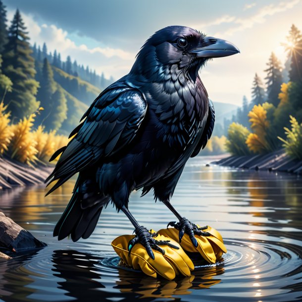 Ilustración de un cuervo con guantes en el río
