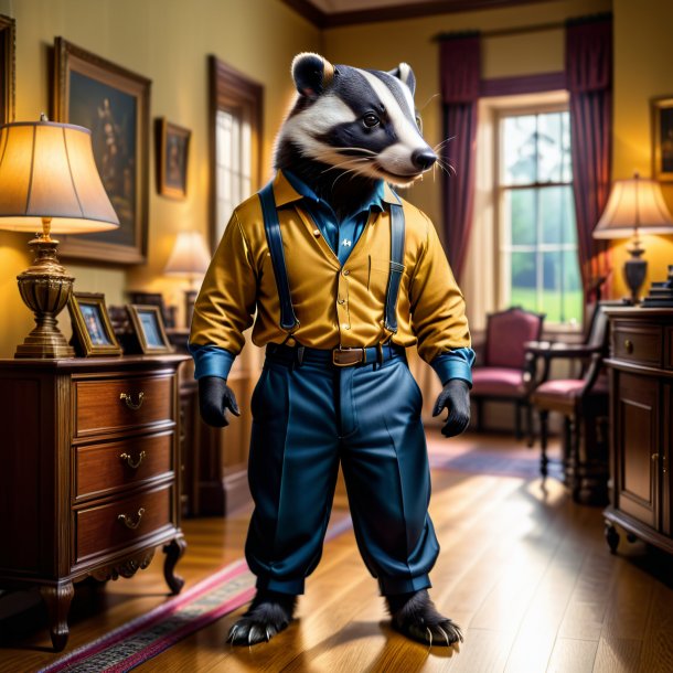 Picture of a badger in a trousers in the house