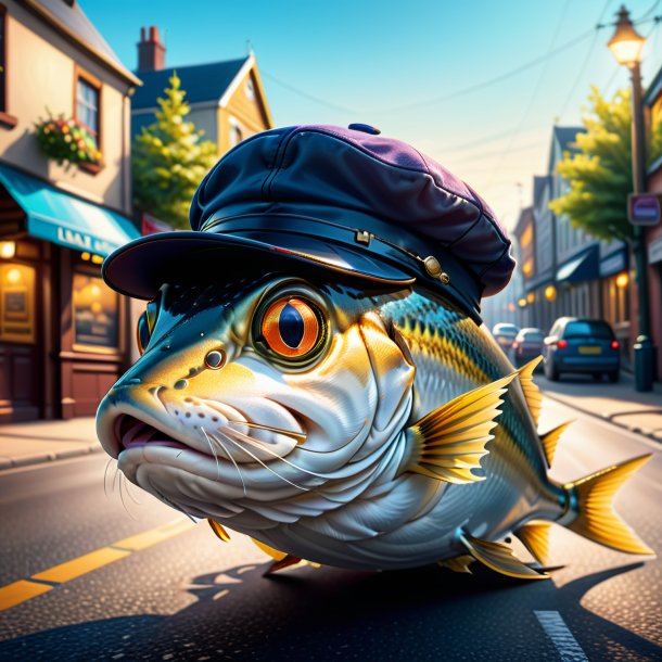 Illustration of a haddock in a cap on the road