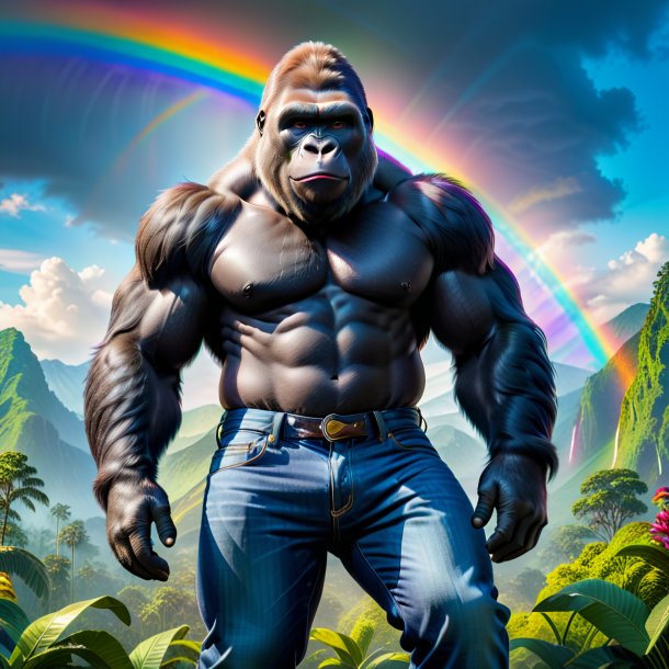 Image of a gorilla in a jeans on the rainbow