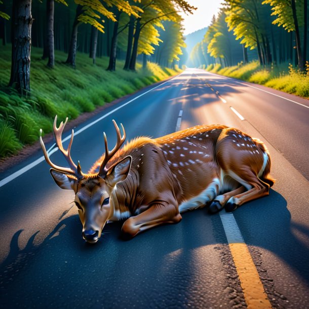 Pic of a sleeping of a deer on the road