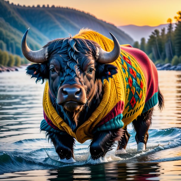 Foto de un búfalo en un suéter en el agua