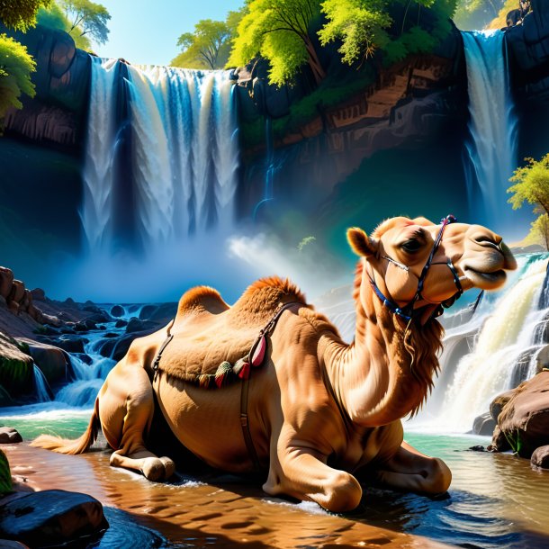 Picture of a resting of a camel in the waterfall