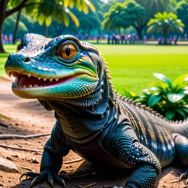 Photo of a smiling of a monitor lizard in the park