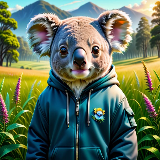 Illustration of a koala in a hoodie in the meadow