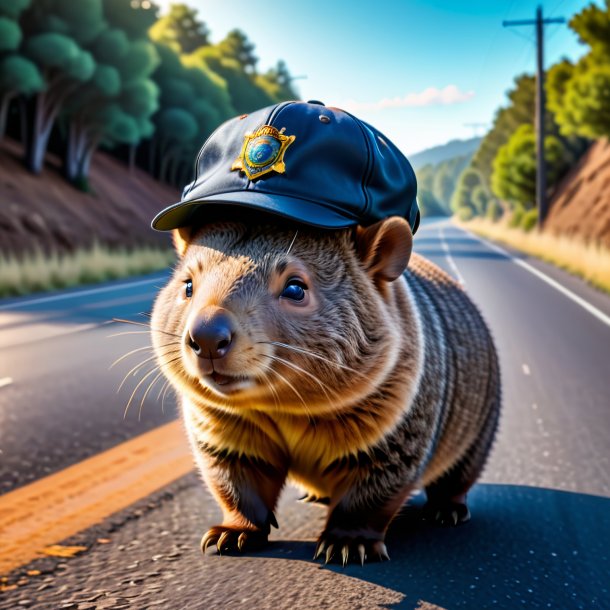 Pic of a wombat in a cap on the road