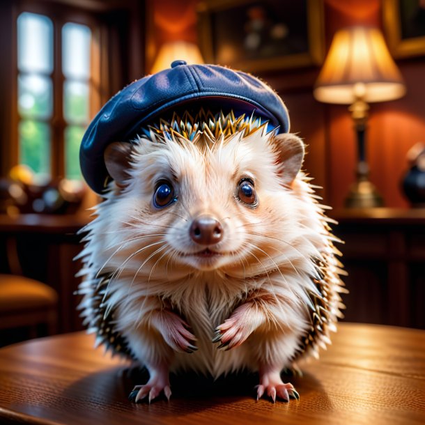 Picture of a hedgehog in a cap in the house