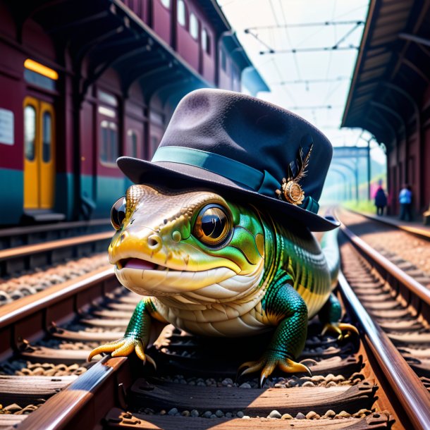 Photo of a eel in a hat on the railway tracks