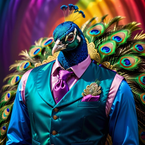 Image of a peacock in a vest on the rainbow