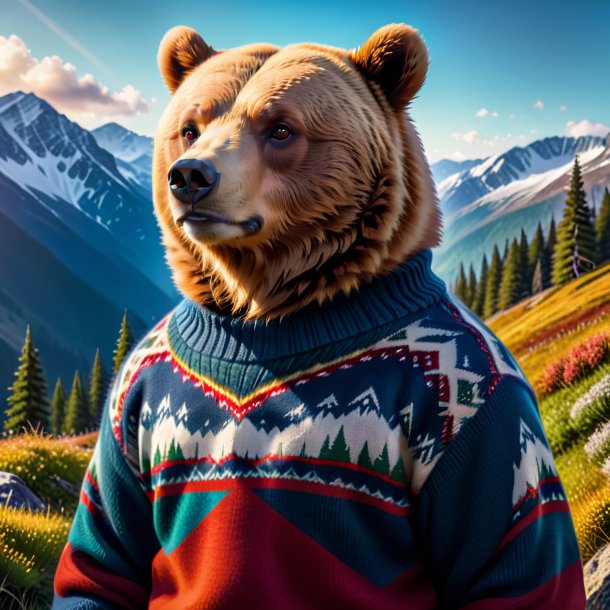 Photo of a bear in a sweater in the mountains