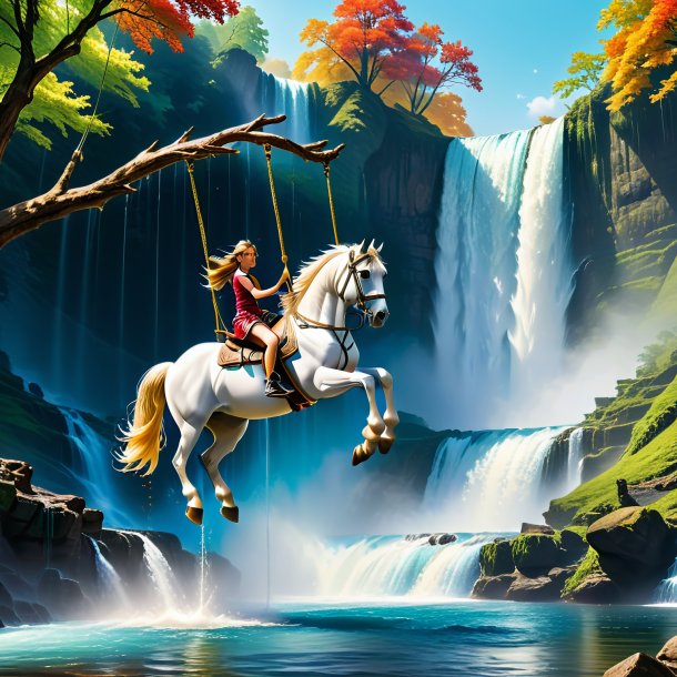 Picture of a swinging on a swing of a horse in the waterfall