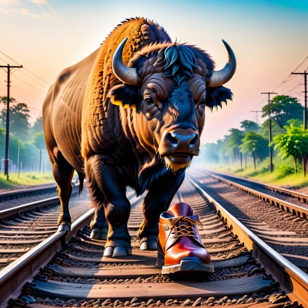 Foto de um búfalo em um sapato nos trilhos ferroviários