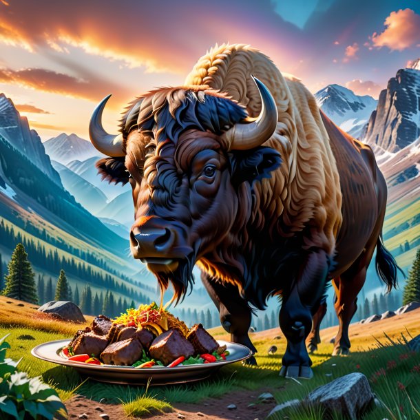 Photo of a eating of a buffalo in the mountains