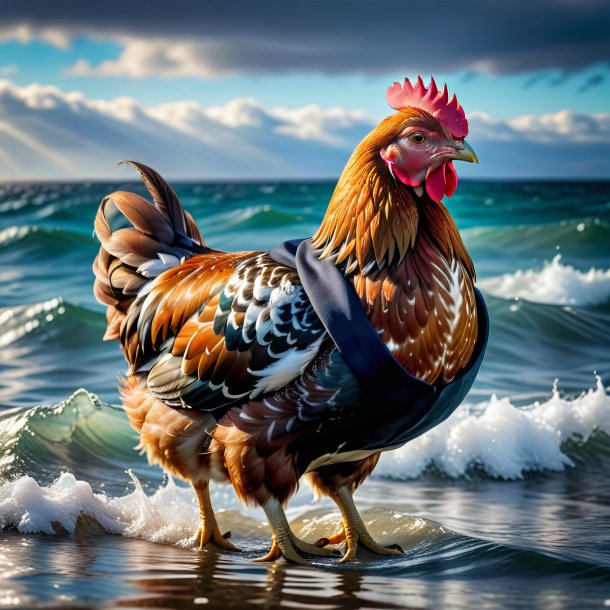 Photo of a hen in a coat in the sea
