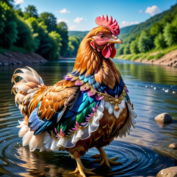 Pic of a hen in a dress in the river