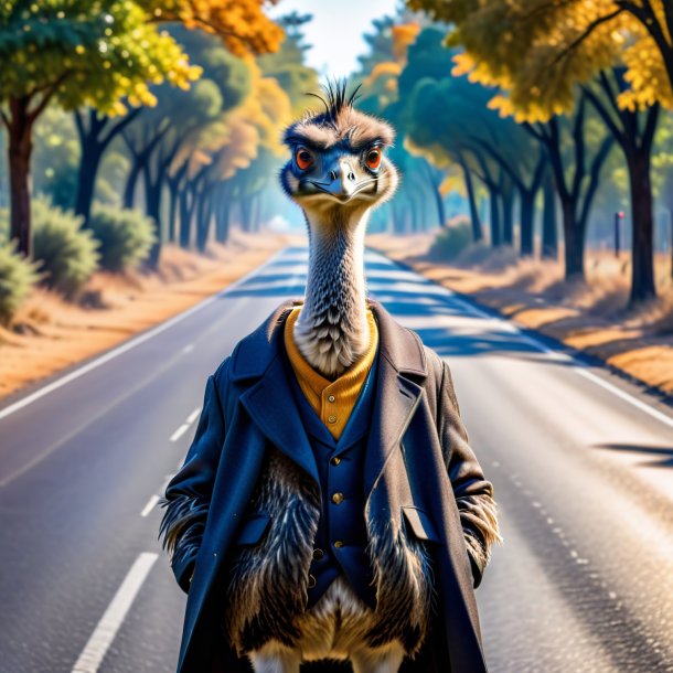 Image d'un emu dans un manteau sur la route