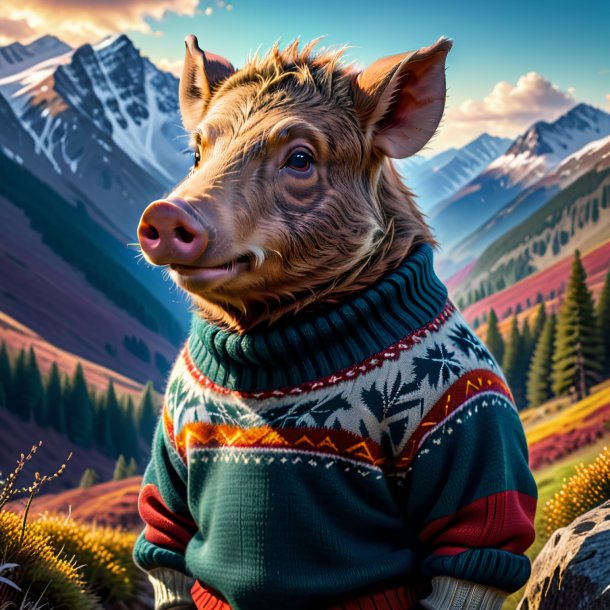 Pic of a boar in a sweater in the mountains