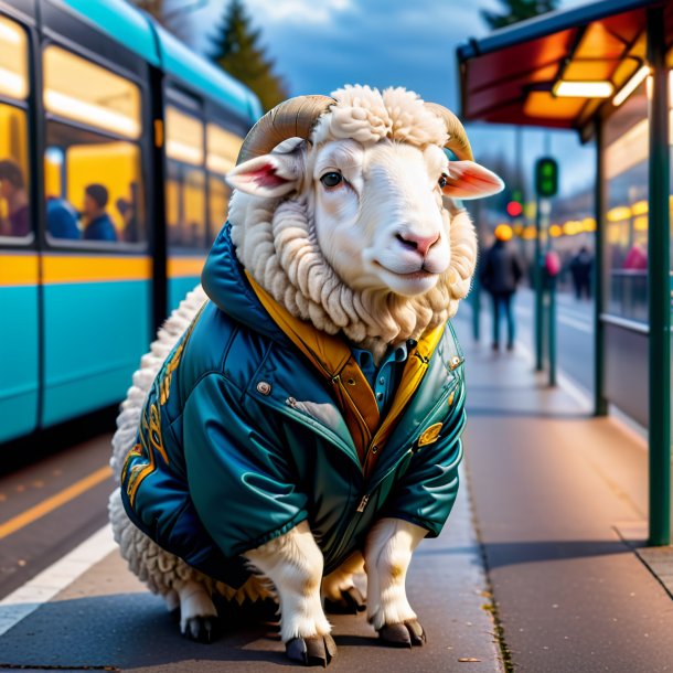 Picture of a sheep in a jacket on the bus stop