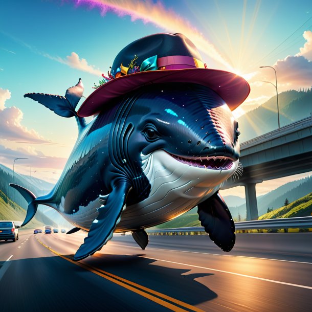 Drawing of a whale in a hat on the highway