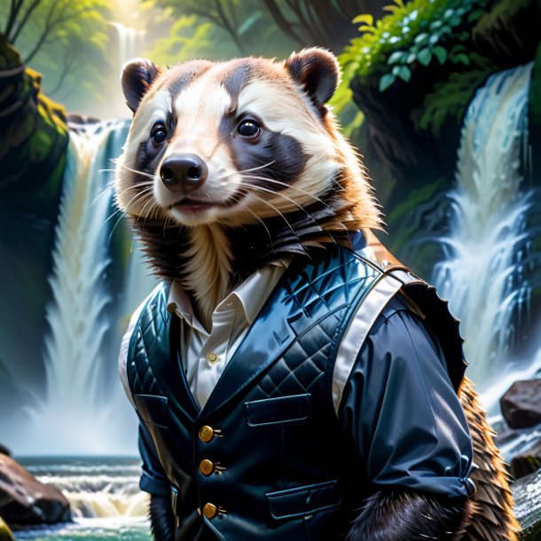 Picture of a badger in a vest in the waterfall