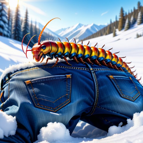 Illustration of a centipede in a jeans in the snow