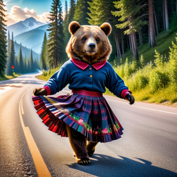 Photo of a bear in a skirt on the road