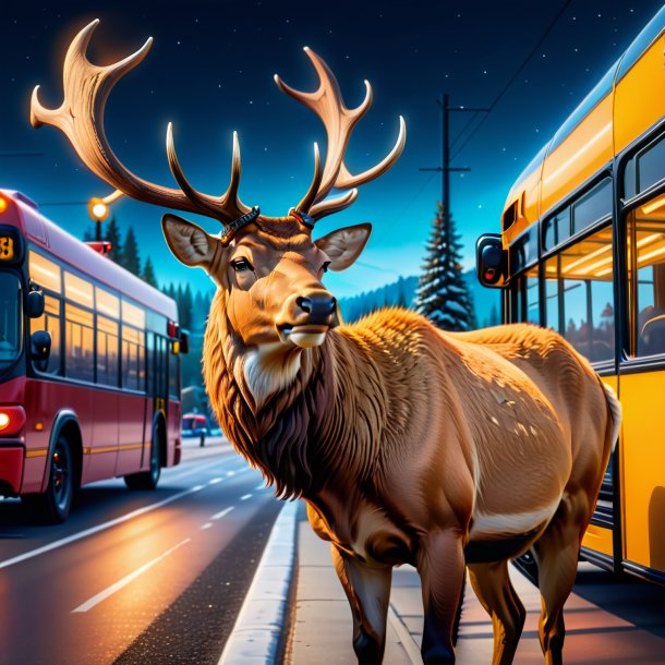 Photo d'un wapiti dans un chapeau sur l'arrêt de bus