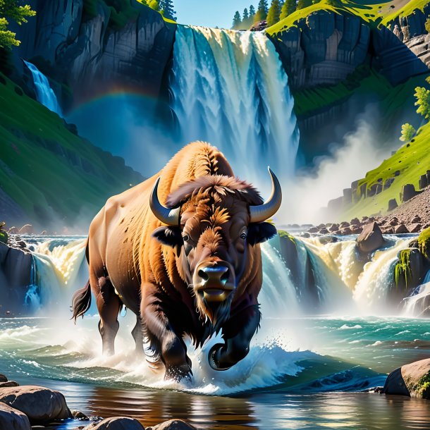 Photo of a swimming of a bison in the waterfall