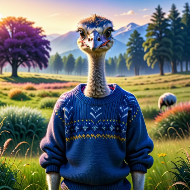 Pic of a ostrich in a sweater in the meadow