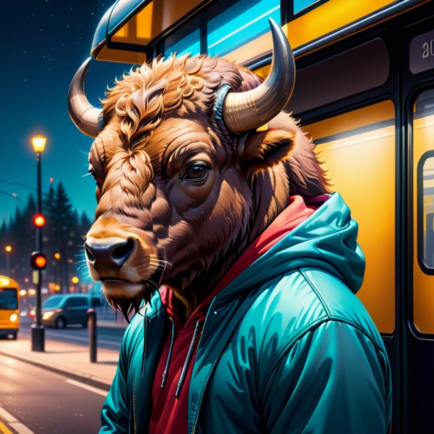 Illustration of a bison in a hoodie on the bus stop