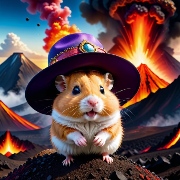 Picture of a hamster in a hat in the volcano