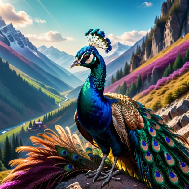 Photo of a peacock in a gloves in the mountains