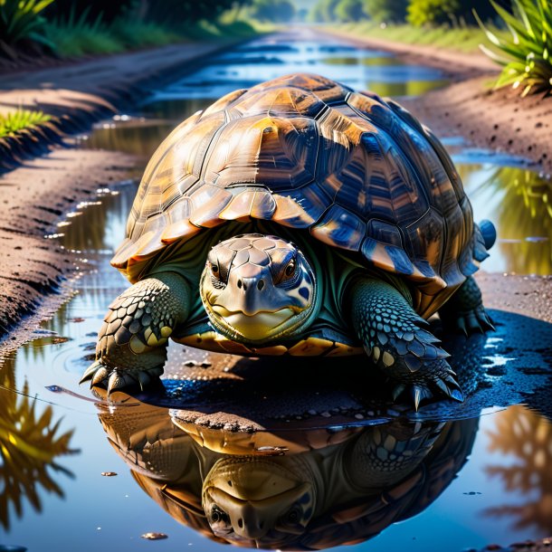 Photo of a threatening of a tortoise in the puddle