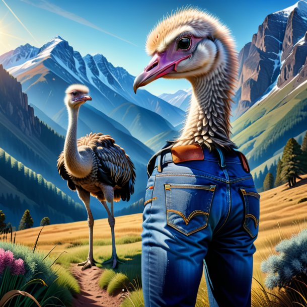 Drawing of a ostrich in a jeans in the mountains