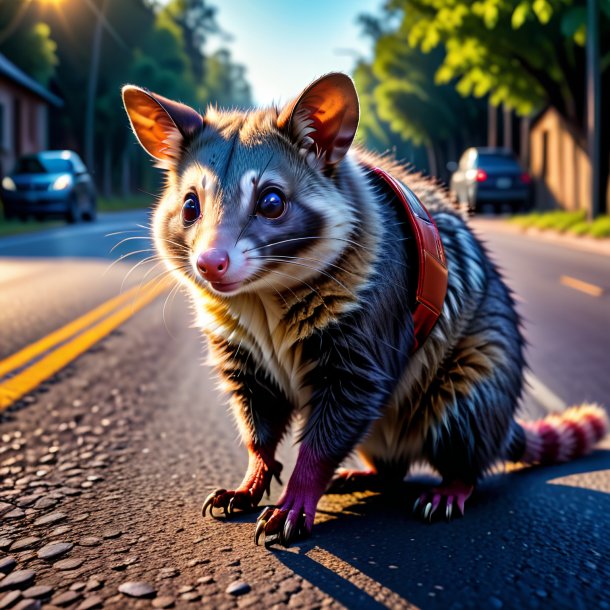 Image d'un opossum dans un gants sur la route